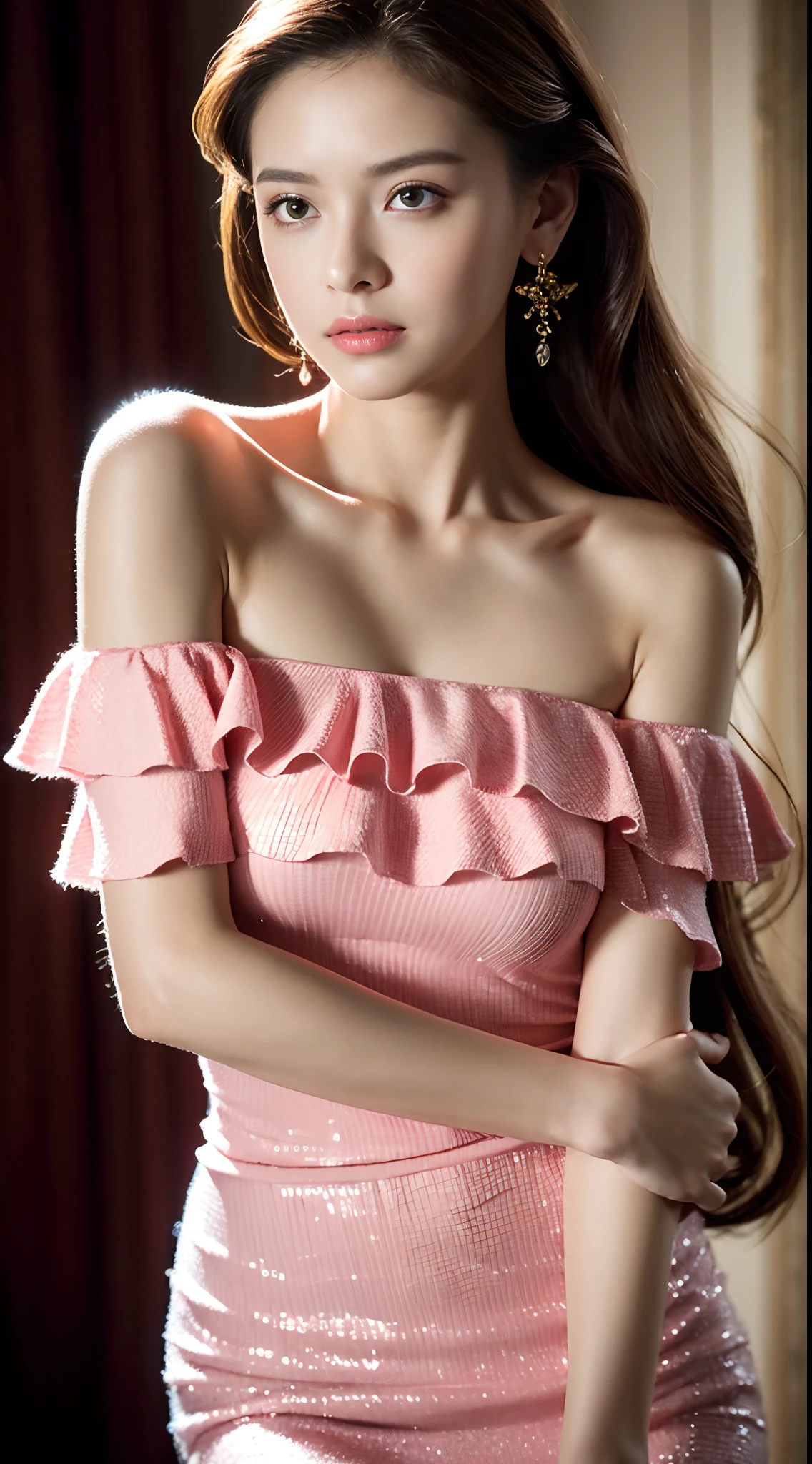 Best Quality, Masterpiece, Ultra High Resolution, (Realisticity: 1.4), Original Photo, 1girl, Pink Off-the-Shoulder, Cinematic Lighting