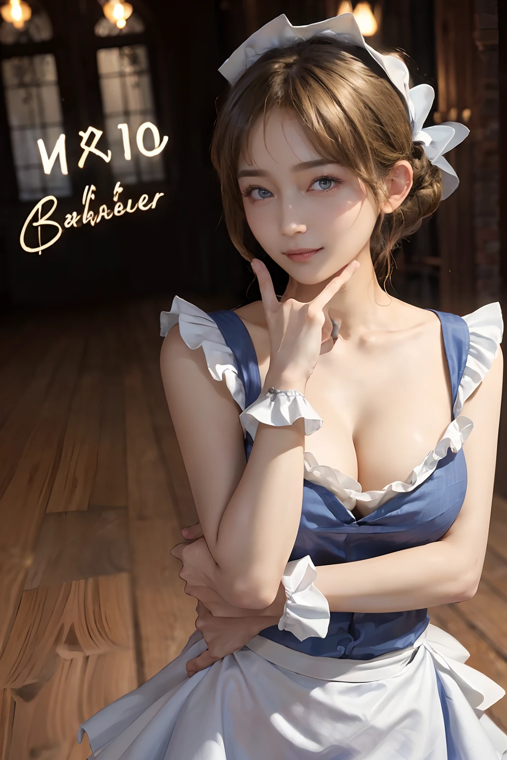 ((top-quality、8K、masterpiece:1.3)),Clear, Fine-grained skin、Beautiful clear eyes、cleavage of the breast、(Backshots:1.5)、Carefree and natural smile、(Medium bob,blondehair:1.5,)、(Hair disheveled in the wind:1.3)、(Cute maid with frills:1.5)、Beautiful girl with a smile、Citizen Pool、(thin-waist:1.3)、(Dynamic and provocative poses:1.2)、((NSFW))