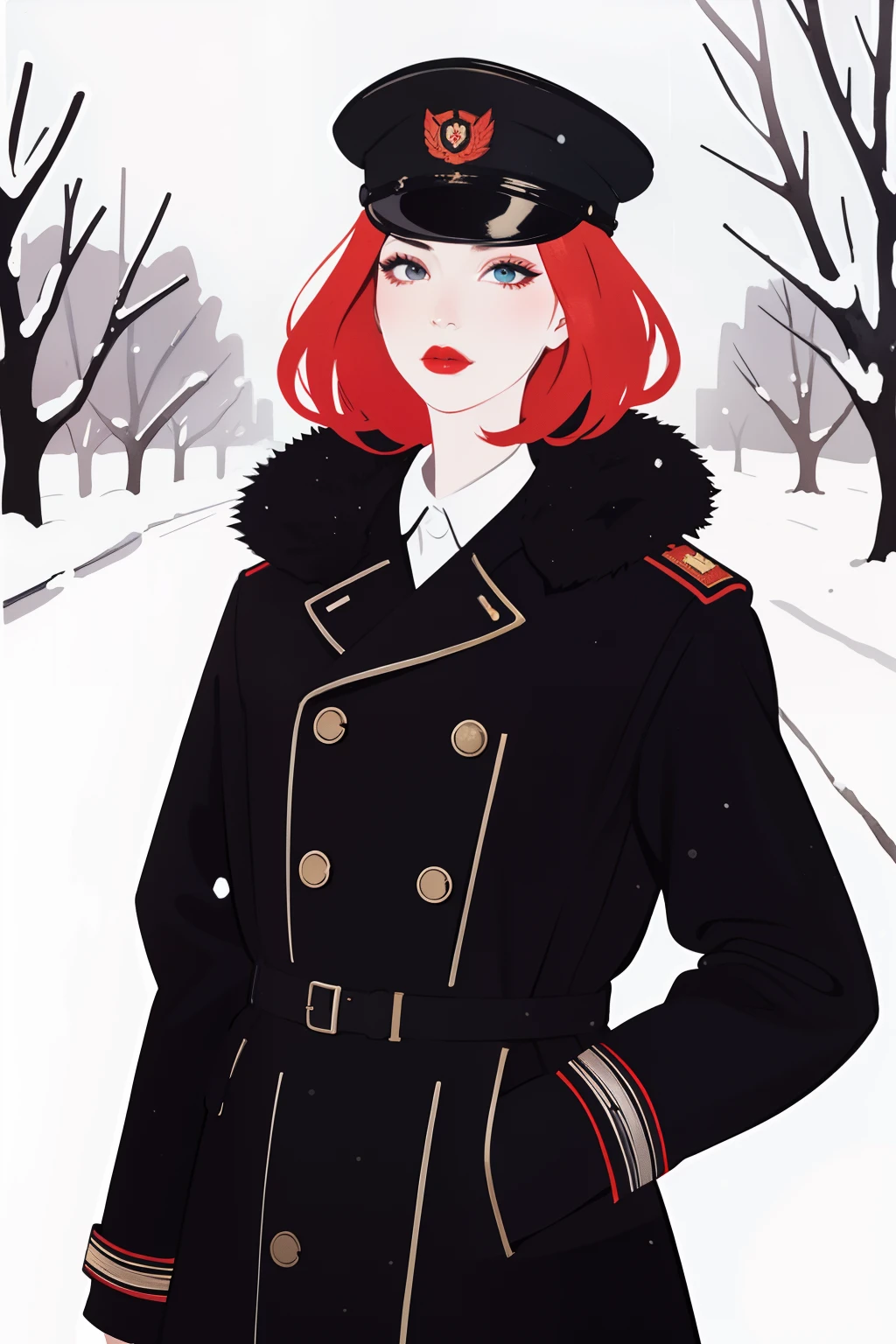 (masterpiece:1.2, best quality), 1girl, 18yo, black military coat, soviet fur hat, ginger hair, femme fatale, noir, red lipstick, winter, snow, anime minimalist, watercolor