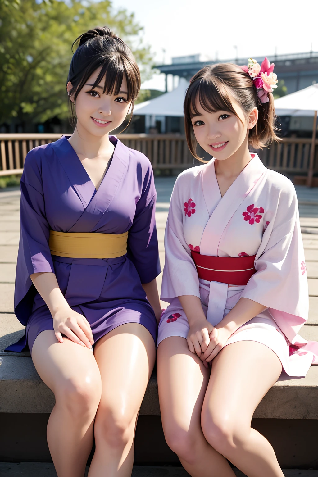 (Highest image quality, Highest image quality, Super A High Definition), (Raw photo, Realism 1.4), (flat chest), Fine skin, Fine face, Cute, AKB Girl, Girl in her 20s, Small breasts, Perfect Skin, thighs thighs thighs thighs, Medium Hair, Perfect, Brown hair, Brown eyes, Full body, ((Summer Festivals))、 ((Yukata)), Bright sunshine, Smile