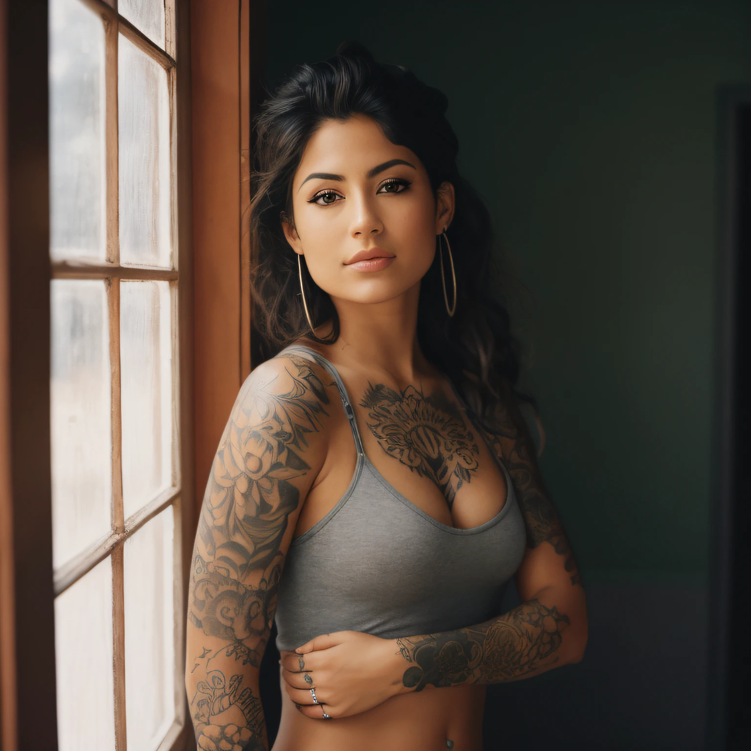 Mujer Arafed con tatuajes parada frente a una ventana, con tatuajes, cuerpo tatuado, Foto de una mujer hermosa, tatuado, Retrato de la parte superior del cuerpo, de chica taiwanesa con tatuajes, Entintado, Manga de tatuaje en su brazo derecho, hermoso cuerpo y rostro detallados, Tatuajes, hermosa parte superior del cuerpo, Mujer preciosa, Mujer atractiva, cuerpo completamente tatuado, Hermosa mujer mexicana