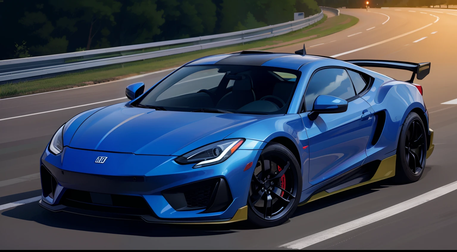 Digital drawing style, Sports car parked with headlights on, natta, neons. Camera Angle、