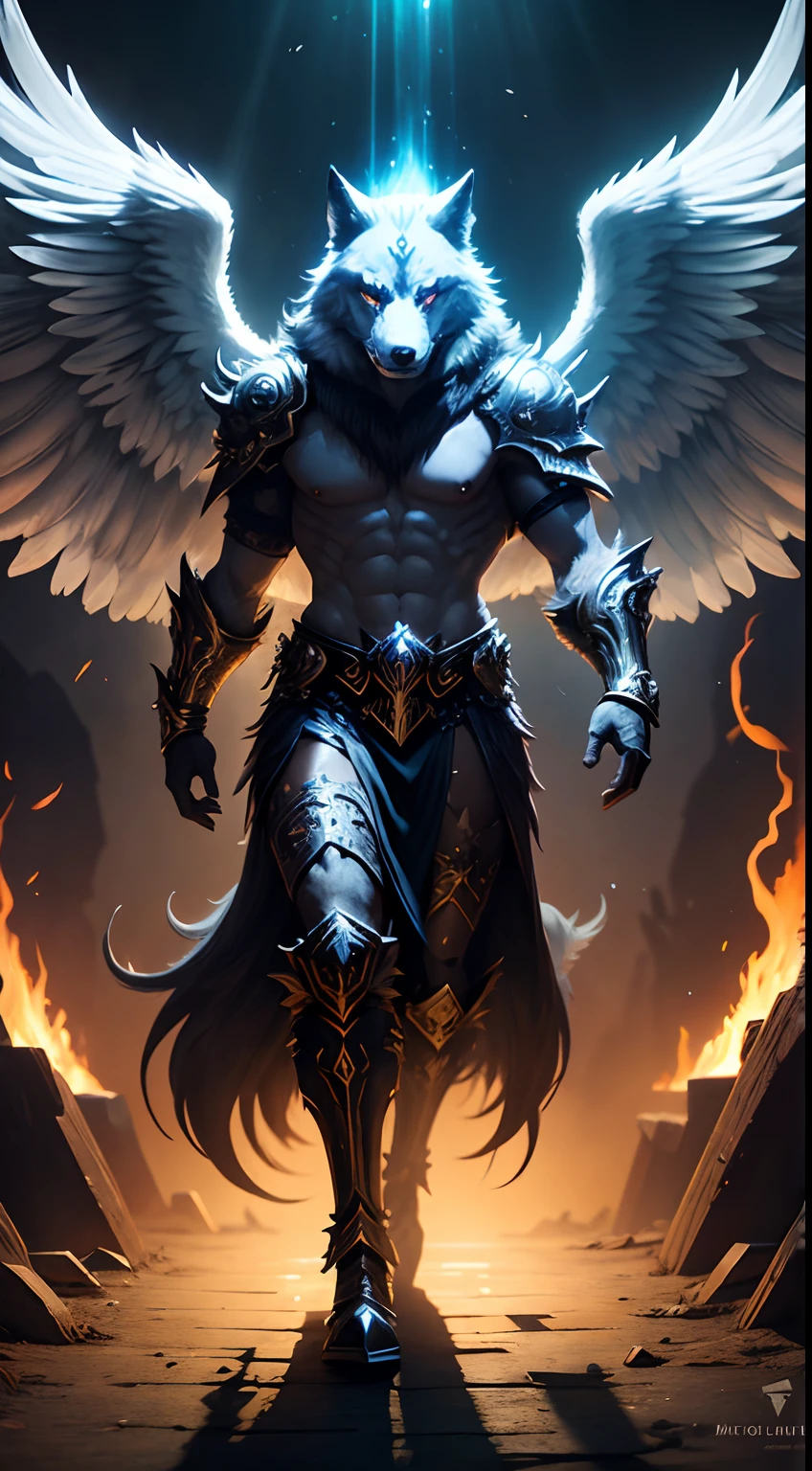 monkey mask creature, angel, diablo style, holy light, full body, fantasy heaven gate background, fantasy colors, energy steam on hand, masterpiece, ultra high quality, ultra face detail