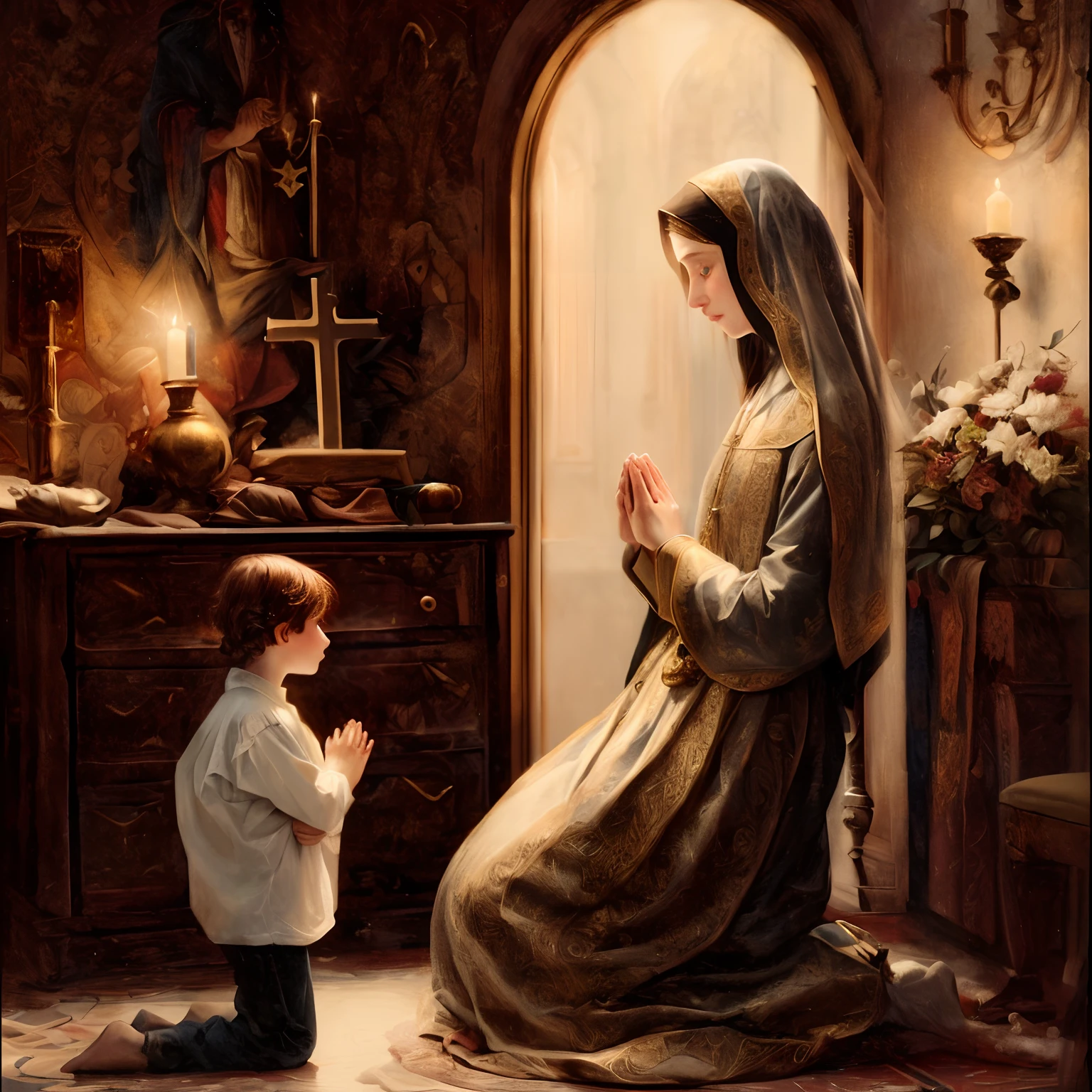 pintura de um menino ao lado de uma mulher em um quarto, catholic religious art, Directed by: Laszlo Balogh, arte sacra, beautiful depiction, Directed by: Vladimir Borovikovsky, Virgem Maria, Directed by: Eugeniusz Zak, Directed by: Roman Bezpalkiv, kneeling in prayer, praying, Directed by: Grigoriy Myasoyedov