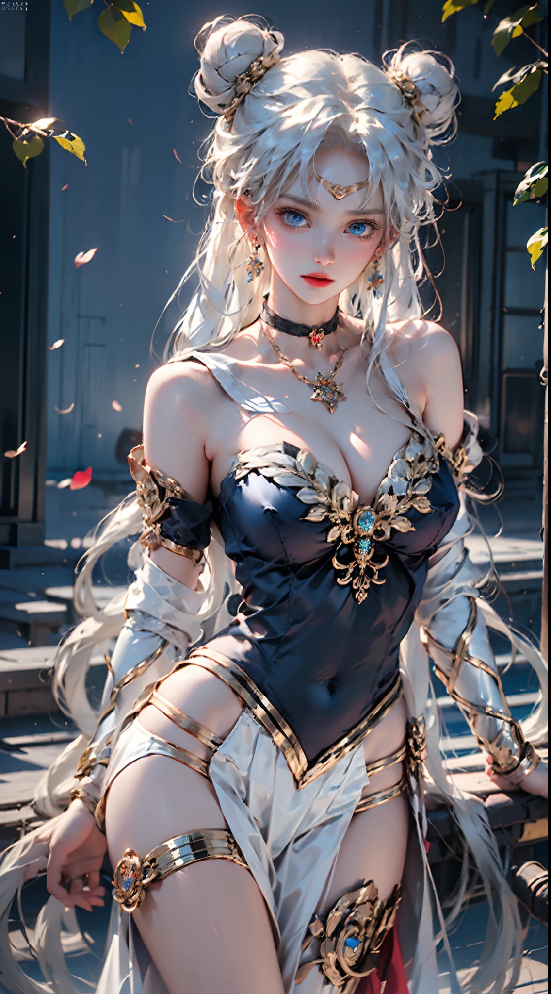 photorealistic, masterpiece, photorealistic, high resolution, soft light, hips up, (blue eyes, white hair), long hair, (silk and Ribbon in front:1.3),earrings,filigree,detached sleeves,wide sleeves, (armlet:1.2),jewelry, (cleavage,bare shoulder,strapless,Simple Choker,tube dress,no bra:1.1), ------------------------------- (sky,idle animation,simple background,Leaves and plant in front :1.2), ------------------------------- (meishaonv,blue eyes,tsukino usagi,double bun,sailor collar,crescent,sailor moon:1.2)