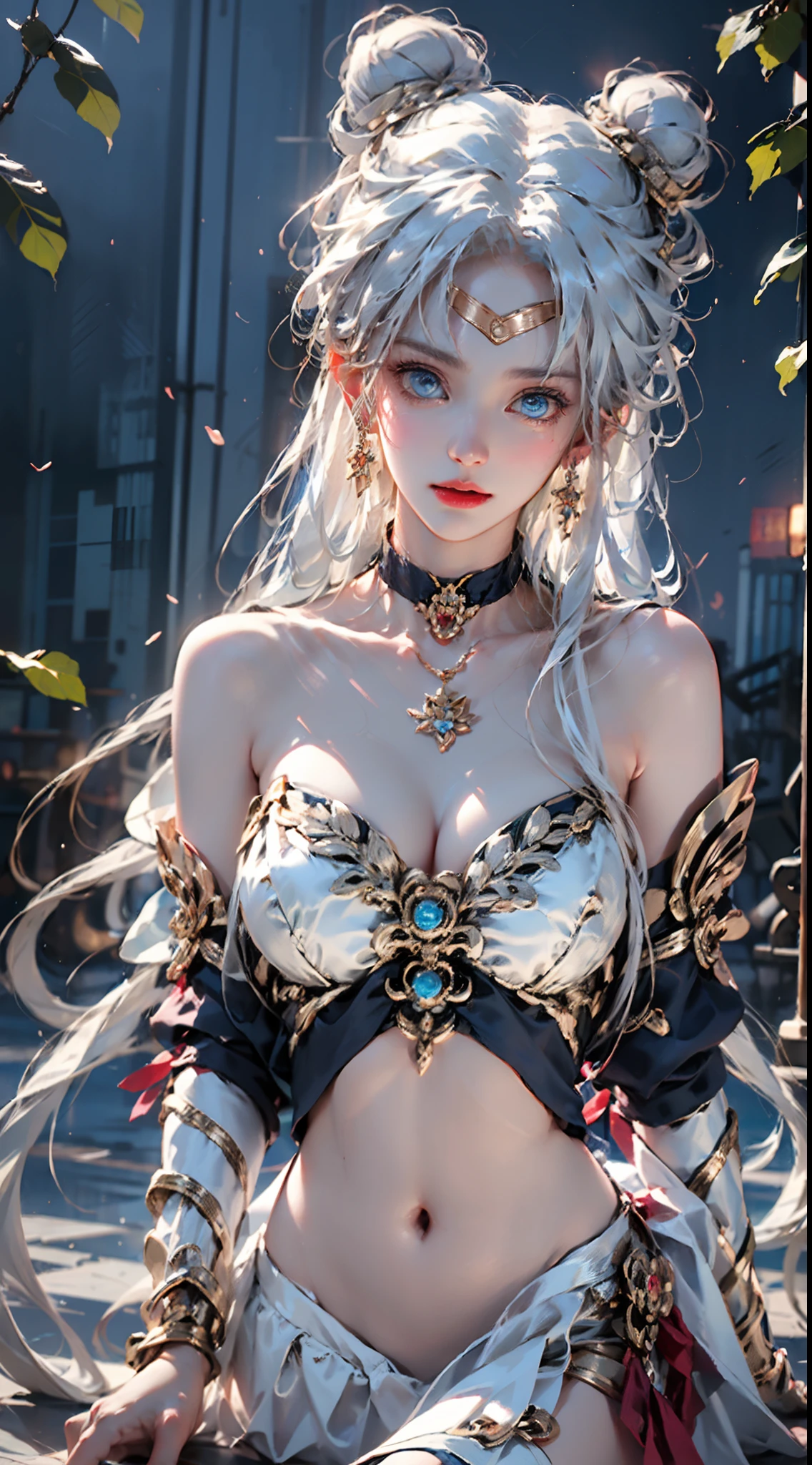 photorealistic, masterpiece, photorealistic, high resolution, soft light, hips up, (blue eyes, white hair), long hair, (silk and Ribbon in front:1.3),earrings,filigree,detached sleeves,wide sleeves, (armlet:1.2),jewelry, (cleavage,bare shoulder,strapless,Simple Choker,tube dress,no bra:1.1), ------------------------------- (sky,idle animation,simple background,Leaves and plant in front :1.2), ------------------------------- (meishaonv,blue eyes,tsukino usagi,double bun,sailor collar,crescent,sailor moon:1.2)