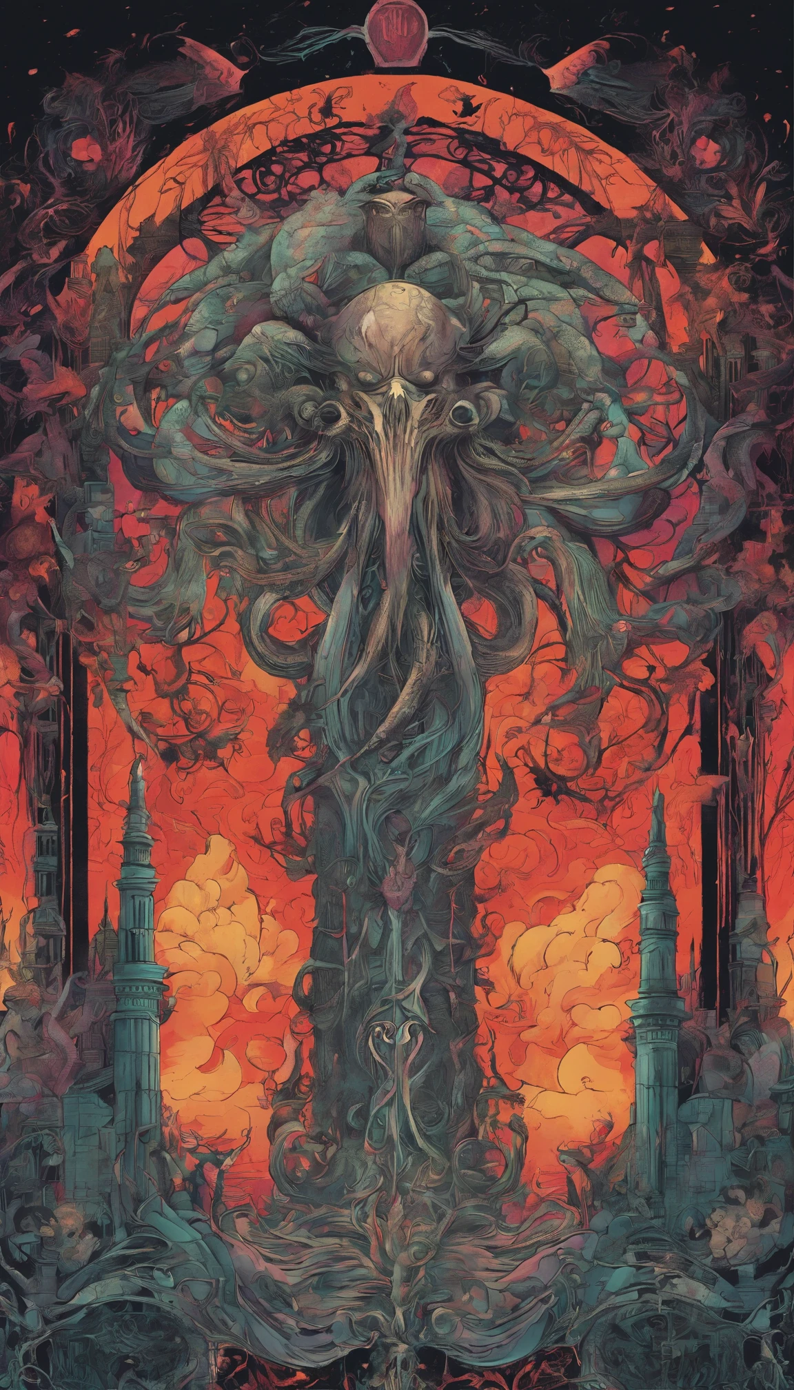 From the depths he emerges,
The Cthulhu's Parade in crimson hues.
Whispers of the otherworldly echo,
A festival where madness and beauty fuse.
In the night sky adorned with abyssal splendor,
Feathers stained with blood dance and soar.
Entwined by threads of fate,
The deranged revel in ecstasy's roar.
Oh mighty Cthulhu, ruler of the depths,
In our pursuit of desires so forlorn,
We embark on a path of madness and despair,
Guided by the disciples of the one we adorn.
On the grand boulevard, grotesque forms stride,
Where terror and beauty intertwine.
In the realm betwixt dreams and nightmares,
We surrender ourselves to euphoria's shrine.
Praise his name, the great Cthulhu,
Monarch of the abyss, the wellspring of our insanity.
In this eternal procession's stage,
We celebrate the coming of the world's calamity.