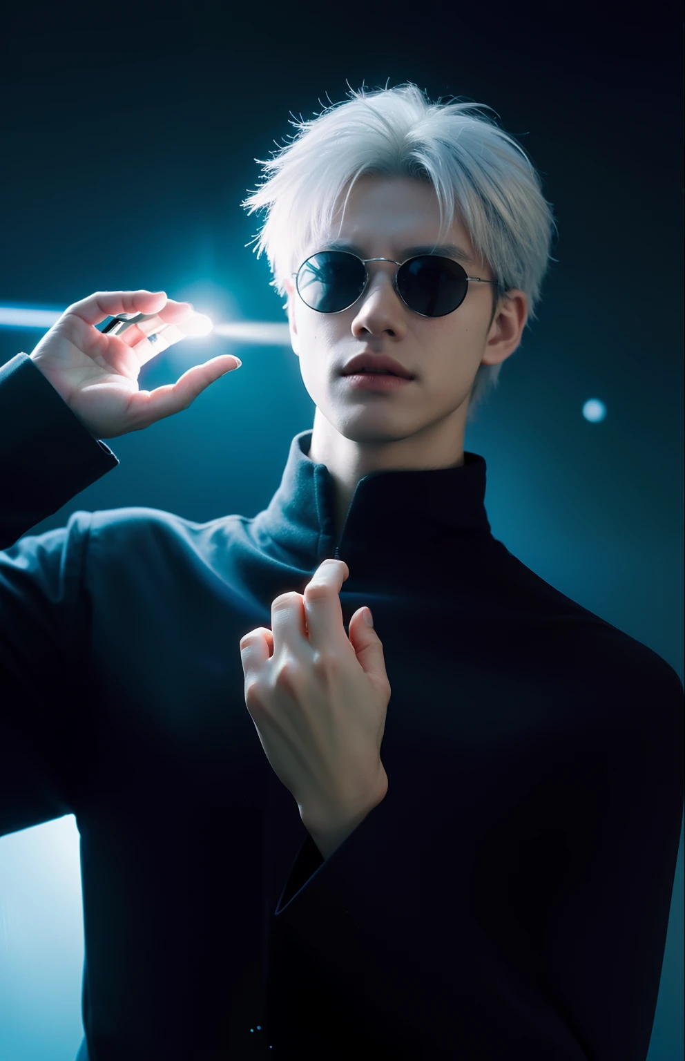 ((High detail、Cinematic lighting))、Messy white hair、Aquamarine eyes、White lashes、god rays、Ray tracing、drop shadow、optical illusion、Haut du corps、Looking at the camera、Masterpiece、((Super Detail、Best Quality、8K))、Jujutsu Kaisen、Gojo Gojo、Black attire、Surgical unfolding、Perfect jet black background、serene look、powerful being、Mystical atmosphere、(Strange moonlight、ominous shadows、 Intense blue aura、 Intense red aura、Symbol of the power that surrounds him、Radiating magical energy、Mystical artifacts、Ether particles、dinamic pose、Epic soundtrack、(((Detailed hand)))、sunglass