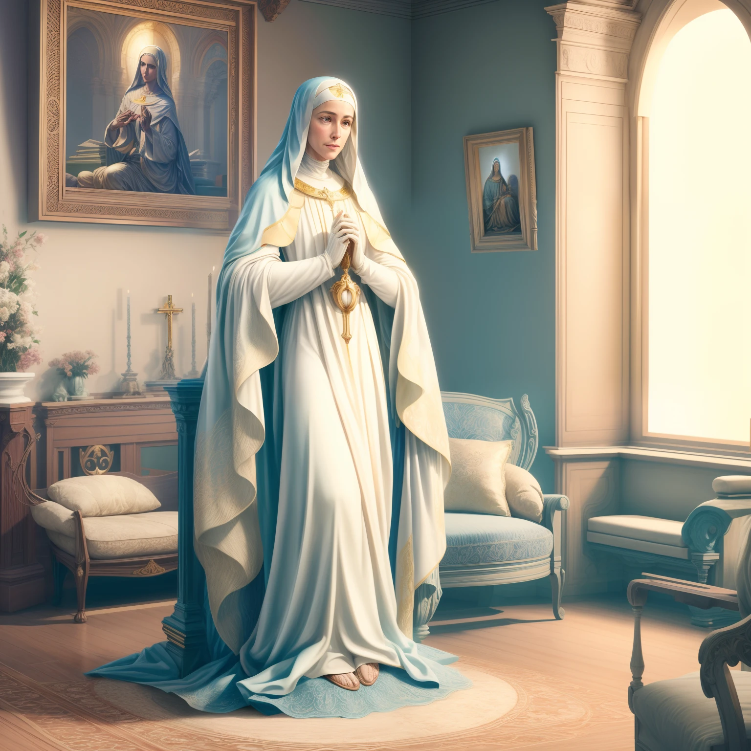 Arafed statue of a woman in a room with a sofa, mary in a sanctuary, Virgem Maria, Retrato da Virgem Maria, majestosa mulher de santo, arte magistral, Obra-prima da luz brilhante, obra-prima', Directed by: Nicholas Marsicano, catholic religious art, em uma casa antiga. hyper realistic, jayson tatum as mother mary, art nouveau octane render, Senhorita Aniela