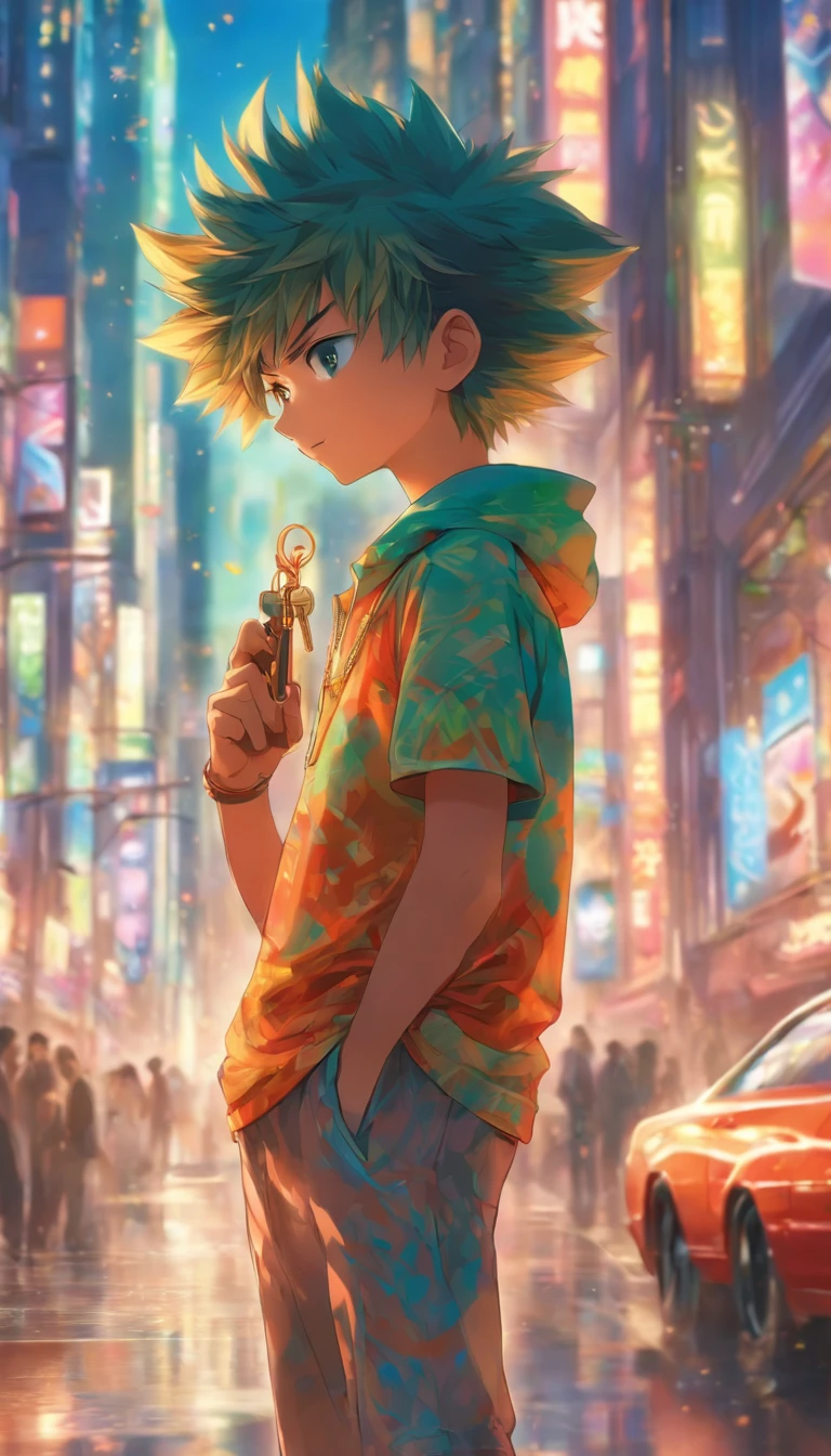 A young boy standing on the side of the street, holding a car key in his hand, looking at a luxury car. His eyes reveal a hint of mischief and playfulness, with busy city streets and tall buildings around him.,in the style of the stars art group xing xing, 32k, best quality, masterpiece, super detail, high details