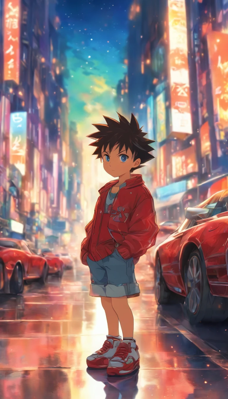 A young boy standing on the side of the street, holding a car key in his hand, looking at a luxury car. His eyes reveal a hint of mischief and playfulness, with busy city streets and tall buildings around him.,in the style of the stars art group xing xing, 32k, best quality, masterpiece, super detail, high details