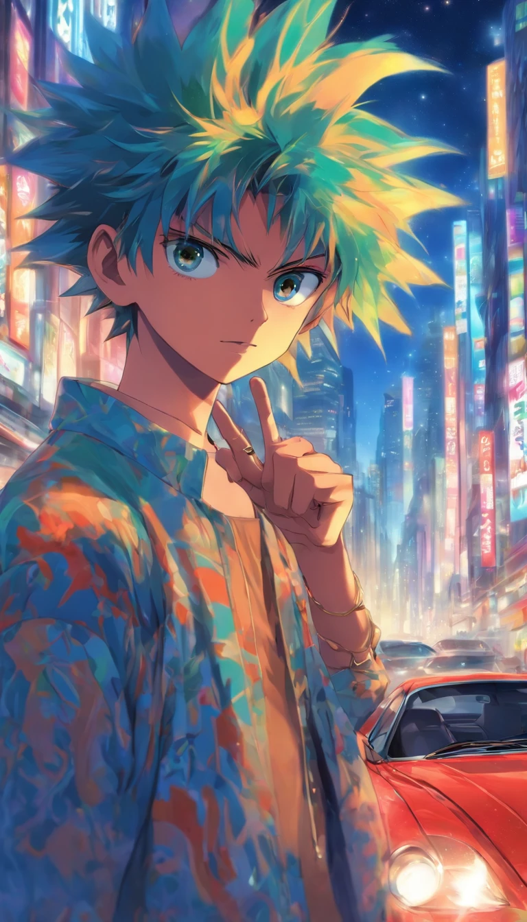 A young boy standing on the side of the street, holding a car key in his hand, looking at a luxury car. His eyes reveal a hint of mischief and playfulness, with busy city streets and tall buildings around him.,in the style of the stars art group xing xing, 32k, best quality, masterpiece, super detail, high details