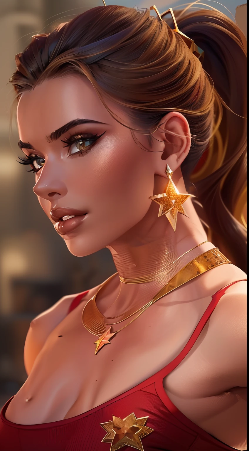 (Masterpiece, 4k resolution, ultra-realistic, very detailed) sexy beautiful izabela ion as a beautiful female superheroine , long braided ponytail, red sleeveless crop shirt, with a golden Star, midriff wears (a golden tiara with a red gem on forehead) , golden bracelets, long red boots, and small red shorts  full body in the style of realism, glistening skin, , natural lighting, Defined full lips. fitness feminine body. in the style of realism, glistening skin, , natural lighting, Defined full lips. Muscular fitness feminine body