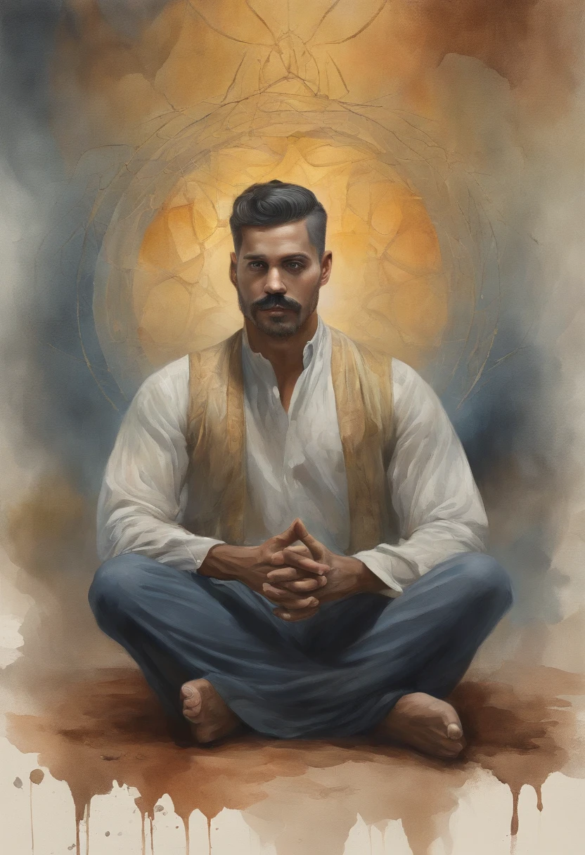 homem maduro, sitting in a meditation position, diante de um orisonte lindo, com o sol se pondo, in connection with the divine, foto de retrato, Directed by: Drew Tucker, Directed by: Adam Marczyński, Directed by: Alexander Kucharsky, Directed by: Gavin Nolan, Surrealismo 8K, Directed by: Jason Felix, Yuri Shwedoff e Tom Bagshaw, arte ilustrativa, Estilo Erik Johansson