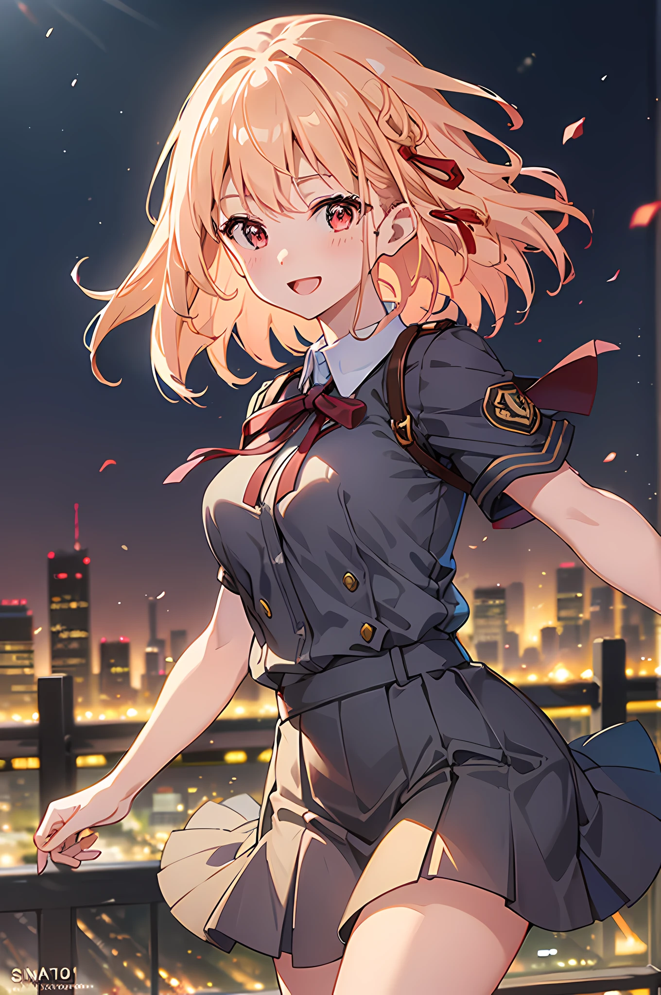 cute,hot,smile:1.1,blushed,school dress,perfect eyes,expressive eyes,dynamic pose,city background,cityscape,simple background,beautiful pose,full body),(best quality,8k,masterpiece:1.2),ultra-detailed,(realistic,photorealistic,photo-realistic:1.37),vibrant colors,soft sunlight,sharp focus,crisp details,lively atmosphere,joyful expression,energetic,playful,sunlit hair,motion blur,magical lighting,glowing city lights