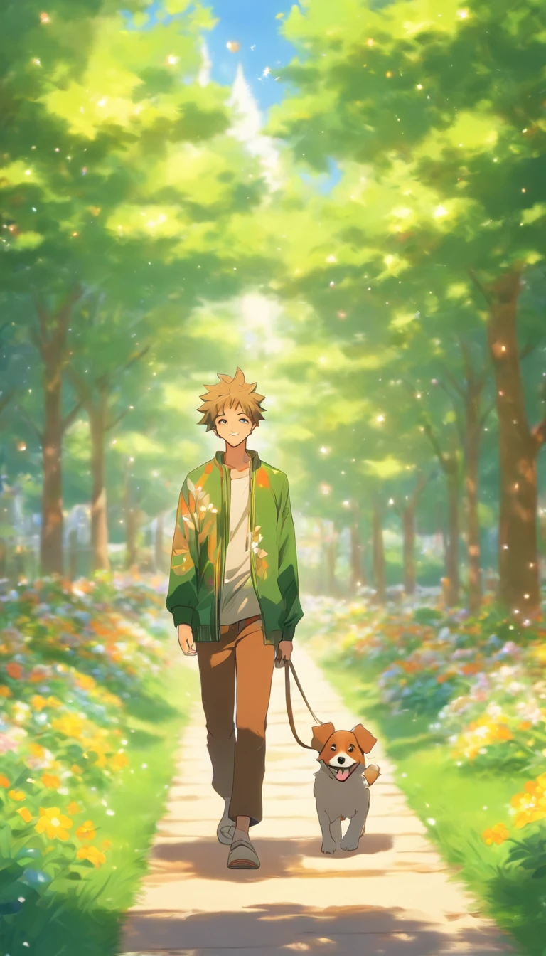 A young man walking on a wide park path, with a small furry dog following behind him, the man smiling and looking relaxed and happy, the park filled with green trees, blooming flowers, and bright sunshine.,in the style of the stars art group xing xing, 32k, best quality, masterpiece, super detail, high details