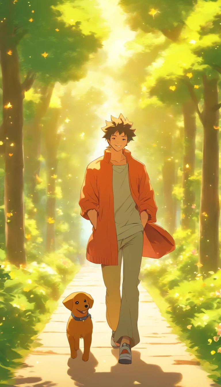 A young man walking on a wide park path, with a small furry dog following behind him, the man smiling and looking relaxed and happy, the park filled with green trees, blooming flowers, and bright sunshine.,in the style of the stars art group xing xing, 32k, best quality, masterpiece, super detail, high details