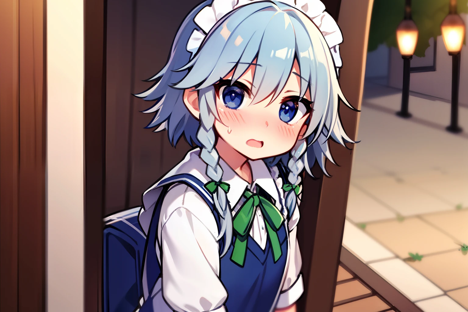 izayoi sakuya、Petite、beautiful countenance、Highlights in the eyes、（embarrassed from）、with blush cheeks、white backgrounid