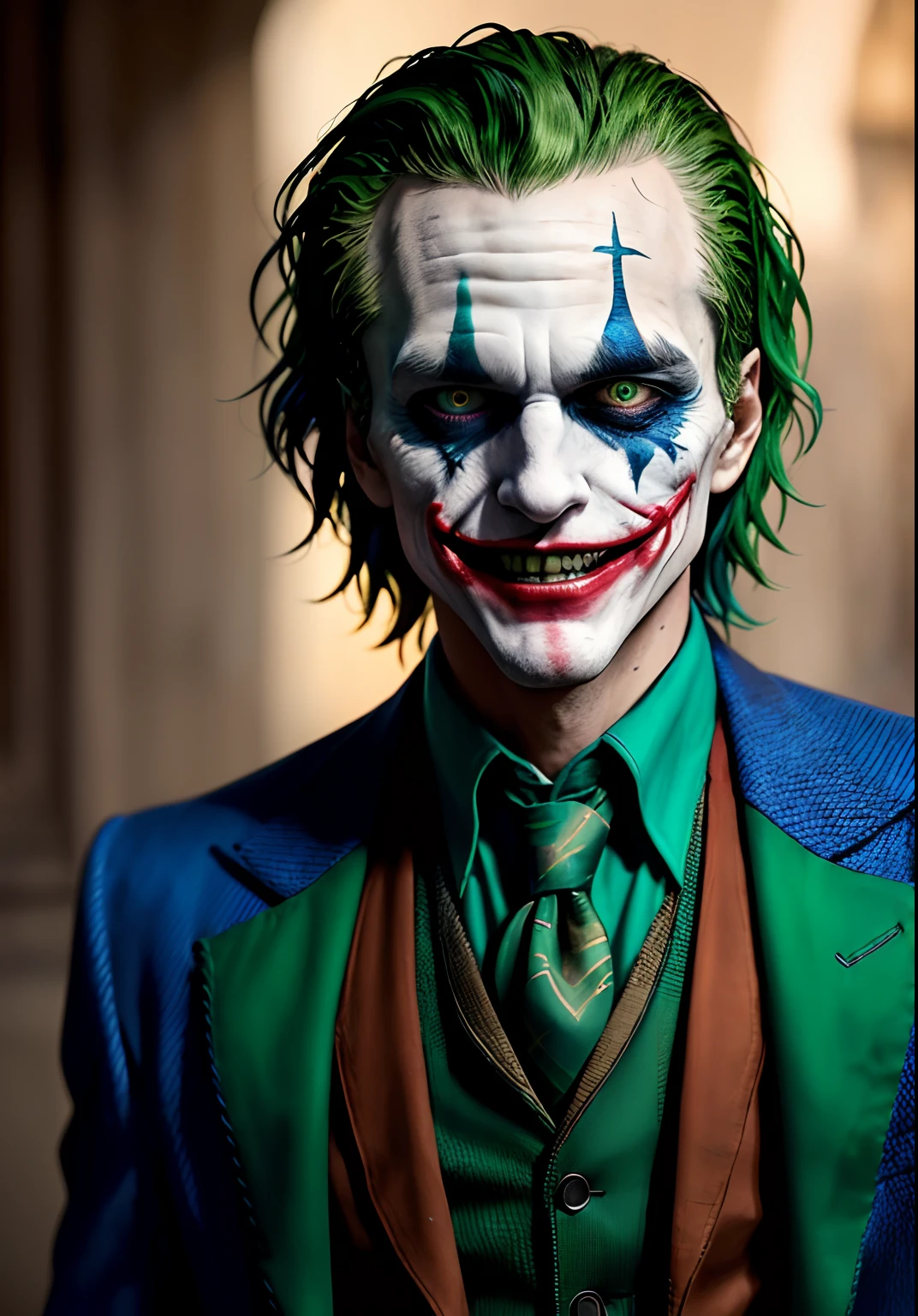 Dappled Light, photo portrait of the  The Joker (DC Comics): The Joker's colorful suit, wild green hair, and maniacal grin make him an iconic and recognizable character for cosplay., colorful, realistic round eyes, dreamy magical atmosphere, superheroine costume, (skin texture) (film grain), (warm hue, warm tone:1.2), close up, cinematic light, sidelighting