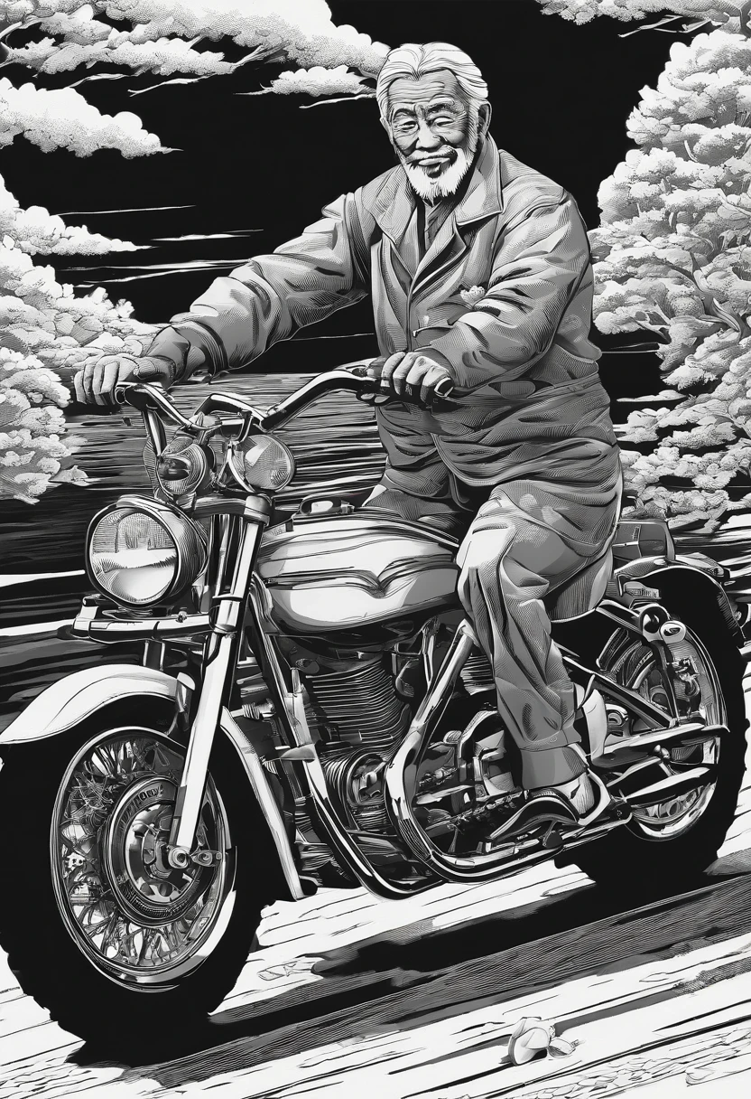 "(Old man on black motorcycle+rot+blanche), portlate、incredible details, Traditional background of Japan, Magnificent illustrations, Perfect picture quality"