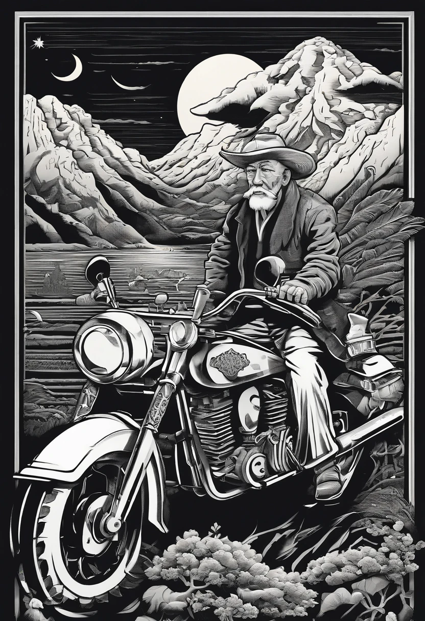 "(Old man on black motorcycle+rot+blanche), portlate、incredible details, Traditional background of Japan, Magnificent illustrations, Perfect picture quality"
