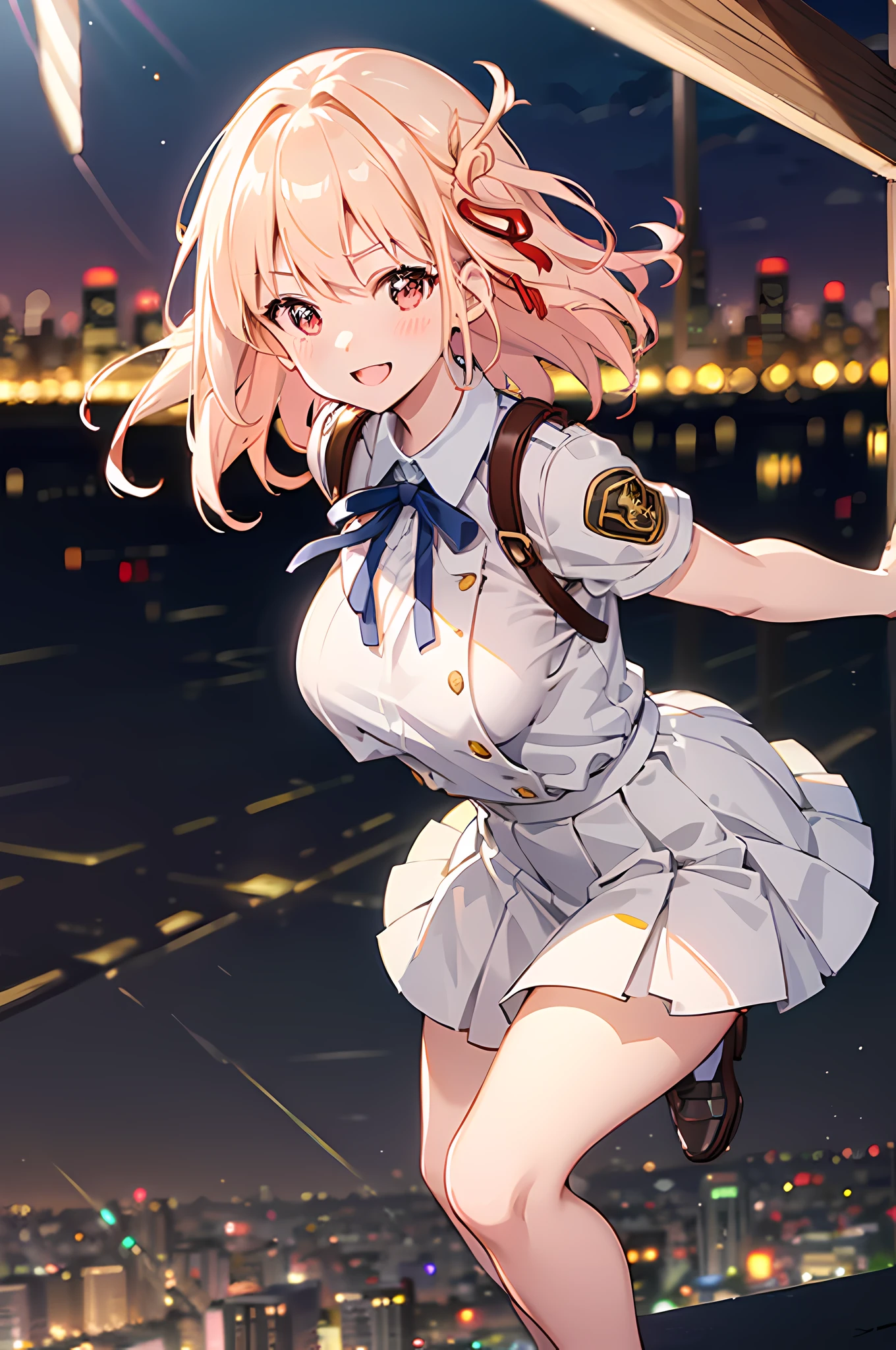 cute,hot,smile:1.1,blushed,school dress,perfect eyes,expressive eyes,dynamic pose,city background,cityscape,simple background,beautiful pose,full body),(best quality,8k,masterpiece:1.2),ultra-detailed,(realistic,photorealistic,photo-realistic:1.37),vibrant colors,soft sunlight,sharp focus,crisp details,lively atmosphere,joyful expression,energetic,playful,sunlit hair,motion blur,magical lighting,glowing city lights