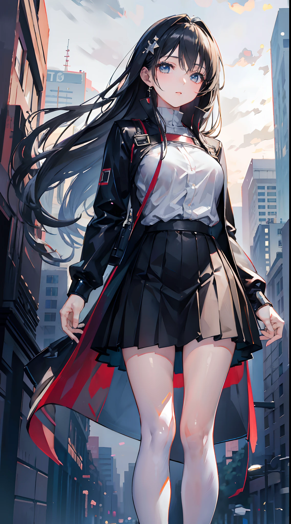((masterpiece, best_quality)), 1girl, (photorealistic:1.4), solo, white_background, black_hair, long_hair, night city background, zettai_ryouiki, skirt, ((half_body)),