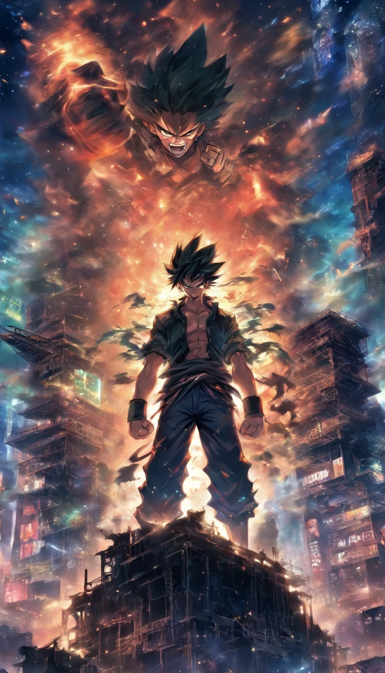 An angry person standing on a high platform, fists clenched, surrounded by a dilapidated environment with a dirty and decayed atmosphere, ,in the style of the stars art group xing xing, 32k, best quality, masterpiece, super detail, high details