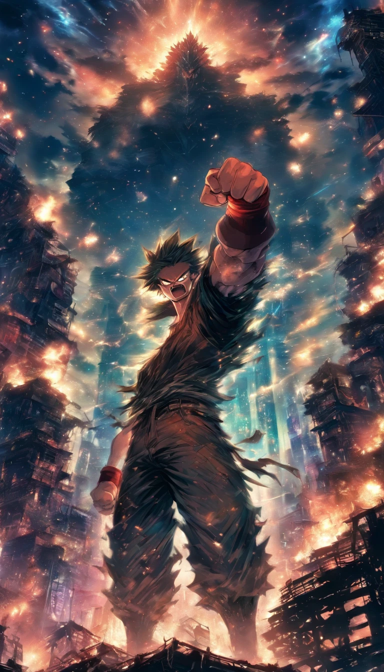 An angry person standing on a high platform, fists clenched, surrounded by a dilapidated environment with a dirty and decayed atmosphere, ,in the style of the stars art group xing xing, 32k, best quality, masterpiece, super detail, high details
