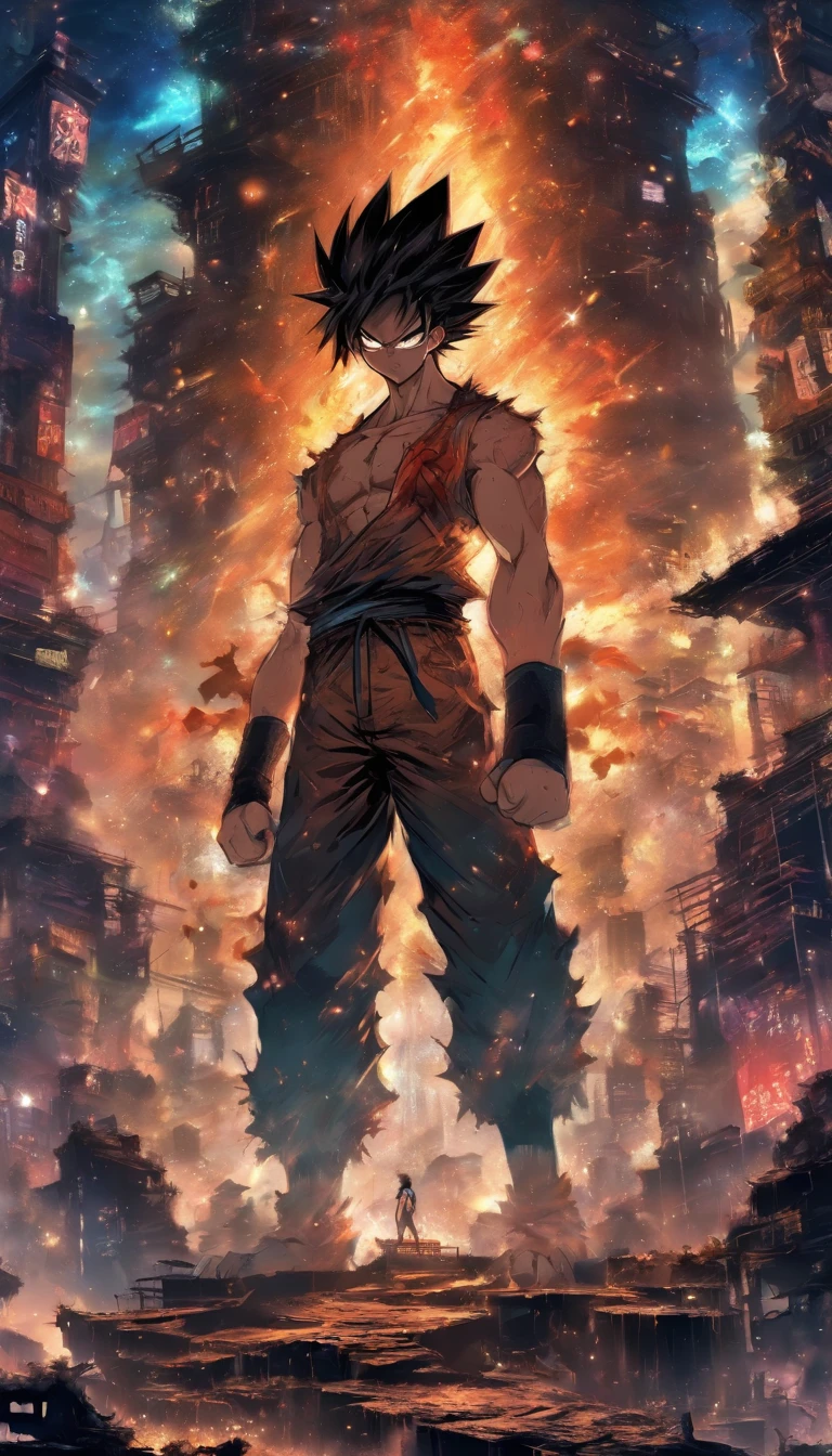 An angry person standing on a high platform, fists clenched, surrounded by a dilapidated environment with a dirty and decayed atmosphere, ,in the style of the stars art group xing xing, 32k, best quality, masterpiece, super detail, high details