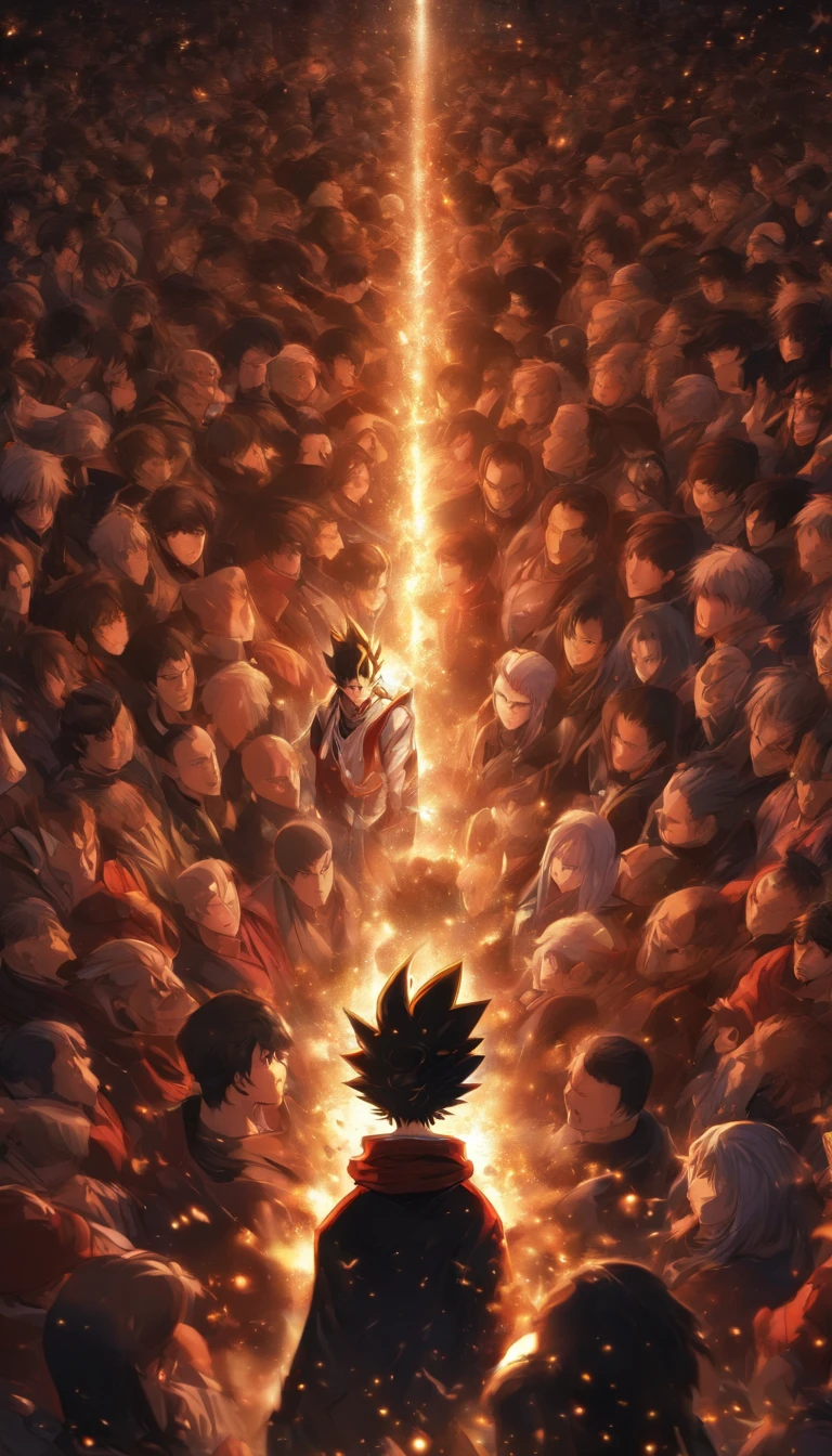 A stern person standing in the center of a crowd, with sharp and authoritative eyes, people around showing fear and awe, as if under his control, ,in the style of the stars art group xing xing, 32k, best quality, masterpiece, super detail, high details