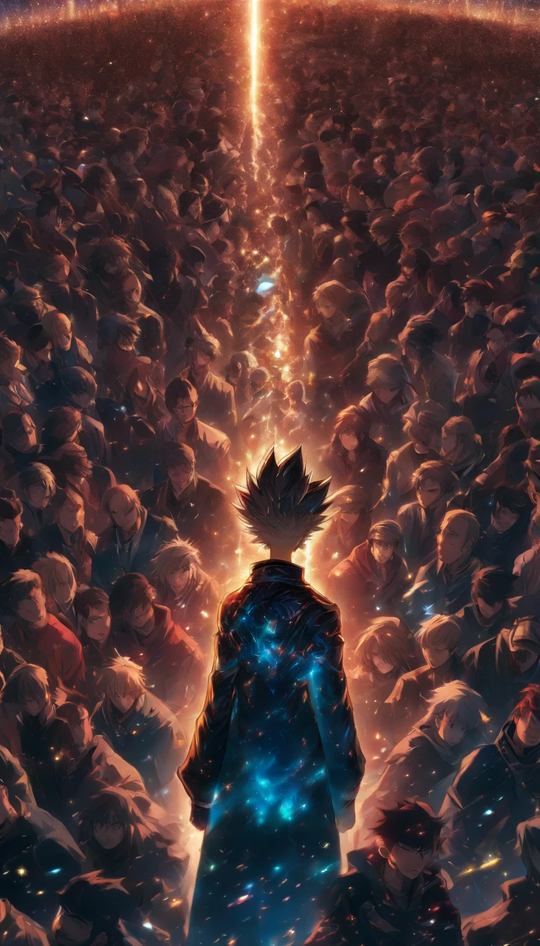 A stern person standing in the center of a crowd, with sharp and authoritative eyes, people around showing fear and awe, as if under his control, ,in the style of the stars art group xing xing, 32k, best quality, masterpiece, super detail, high details