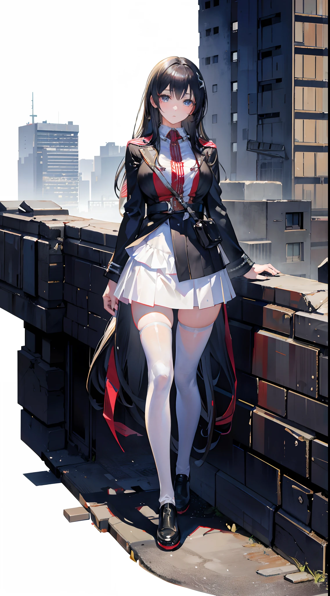 giantess art, highly detailed giantess shots, giantess, Two legs, Five fingers, short hair, A gigantic high school girl who is taller than a skyscraper, Wearing rimless glasses, smile, Big Breasts, Navy blazer, Red tie, mini skirt, Black Pantyhose, black pantyhose, no shoes on, toes visible through pantyhose, Steam coming out from the soles of my feet, Destroying cities, A very small big city, Miniature metropolis, Full body description, GTS, giga giantess, stomping city, crash city, tiny city, micro city, pantyhose feet, High resolution, highest quality, masterpiece, peeing self