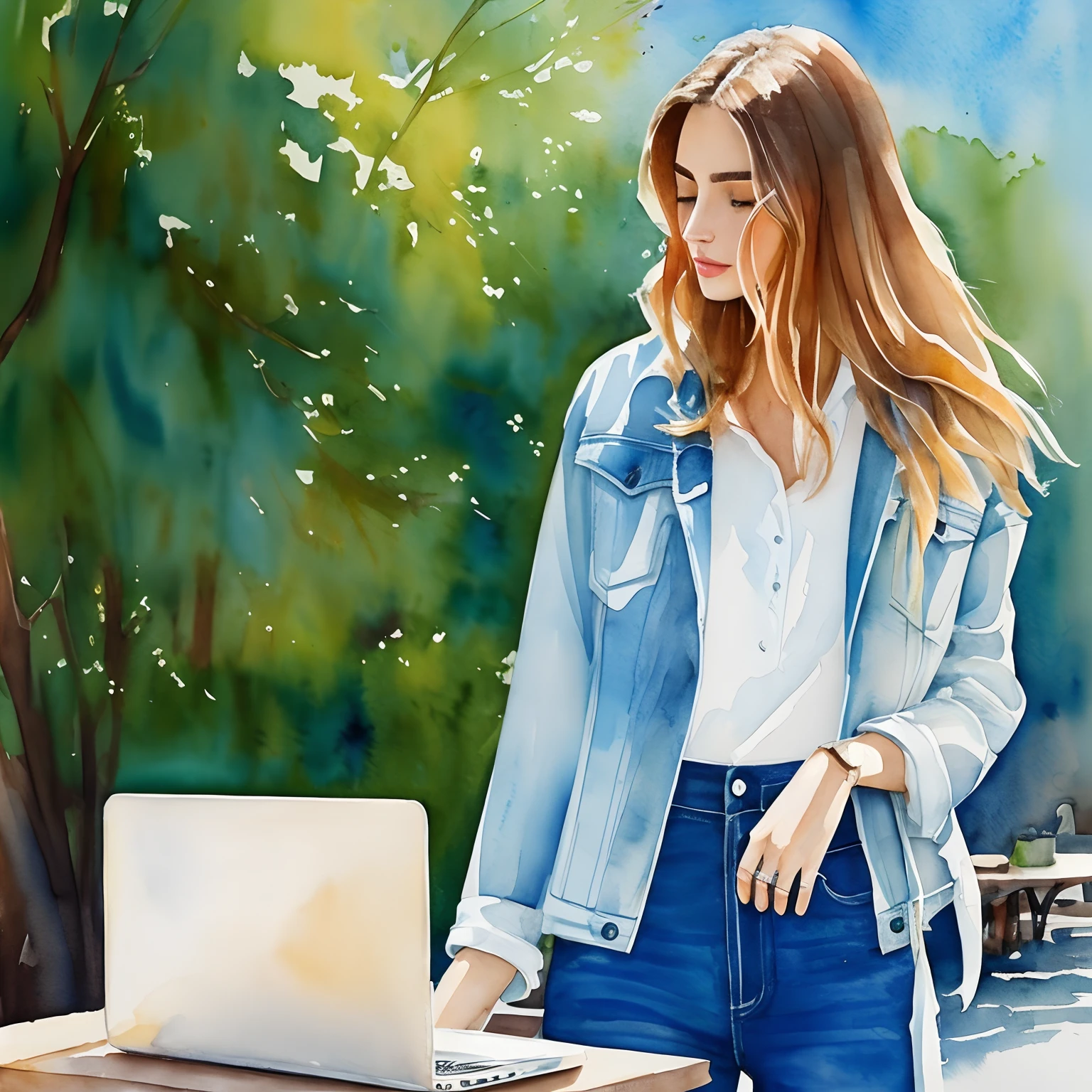 Kasiq jungwoo watercolor fashion illustration, abstract painting, light brown blonde thin bob hair 1woman, blue denim jacket, andreea diaconu, perfect anathomy, laptop, green tea, paris street cafe, summer, light shadow, artistic brushstrokes