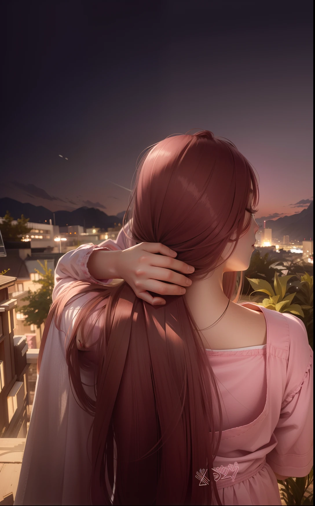 Sleeping girl, 22 years old, realistic, she is wearing long pants, she is wearing pink pajama, brown hair.