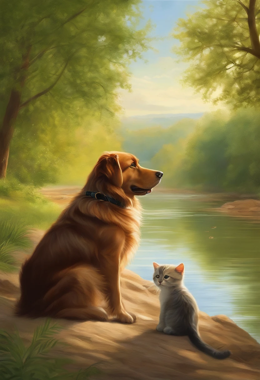 (a dog and a cat at a large river),photorealistic,painting,riverbank,greenery,soft sunshine,lively,happy,playful,detailed fur,shimmering water,peaceful scenery,clear reflections,harmony between animals and nature,fine brushstrokes,vibrant colors,glowing atmosphere,perfect harmony between the two animals,subtle textures,impressive composition,warmth and tranquility,natural beauty