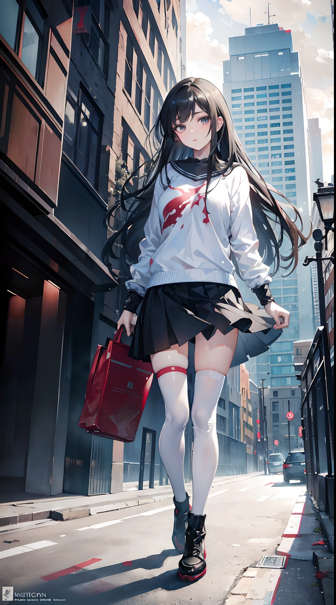 ((masterpiece, best_quality)), 1girl, (photorealistic:1.4), solo, white_background, black_hair, long_hair, Ruined city background, zettai_ryouiki, skirt, ((full_body)),