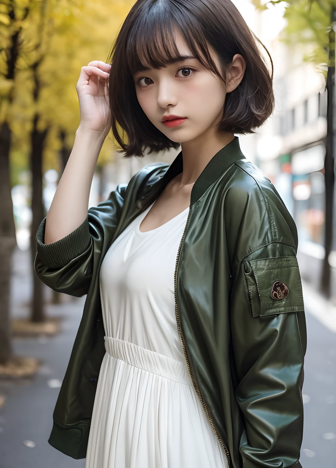 (delicate illustration:1.3),(masterpiece:1.0), (best quality:1.4), (ultra highres:1.2), (photorealistic:1.5), (cinematic),high contrast, bokeh, (hdr:1.4), dramatic lighting, sidelighting, (8k, RAW photo:1.2), (sharp focus:1.3), (((full body))),(film gain:0.9), (vhsbvideo:0.8), (analog film photography:0.8), lomography, HOLGA, HOLGA DIGITAL, BANZART ZIEGEL, Lomo LC-A 120, EKTACHROME E100,view from side,
break,
(23yo:1.4),(((1girl , dancing))),(wearing detailed olive-green ma-1 flight jacket on white chiffon tiered dress :1.3),((brown contacts, sweaty colored skin)) ,huge breast, cleavage, open mouth, bangs:1.5,airly wavy short bob cut, messy hair,woman,
break,
(((background is detailed ginkgo avenue in paris, crouded, twilight ))),round face, (),no-makeup,beautiful detailed eyes, tareme, (small eyes),thin_eyebrows,(face focus), slim, slender waist, thin leg, dr.martens boots, (japanese famous actress),(cute), (beautiful),eye bags,