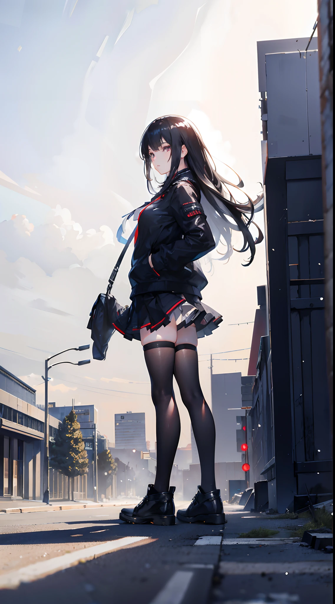 ((masterpiece, best_quality)), 1girl, (photorealistic:1.4), solo, white_background, black_hair, long_hair, Ruined city background, zettai_ryouiki, skirt, ((full_body)),