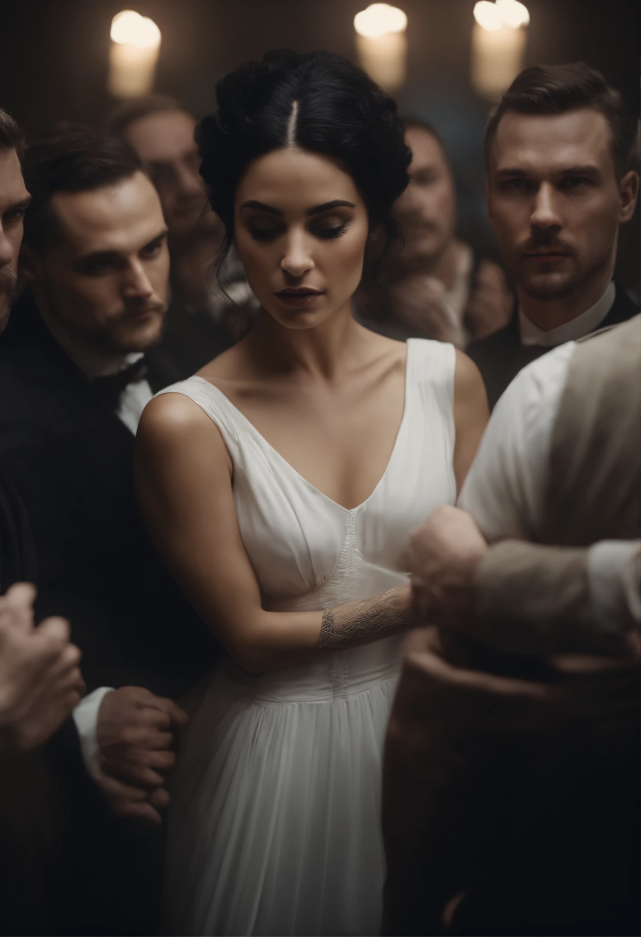 A women with black hair with haired tied up wearing white dress surrounded by multiple men touching her, cinematic,