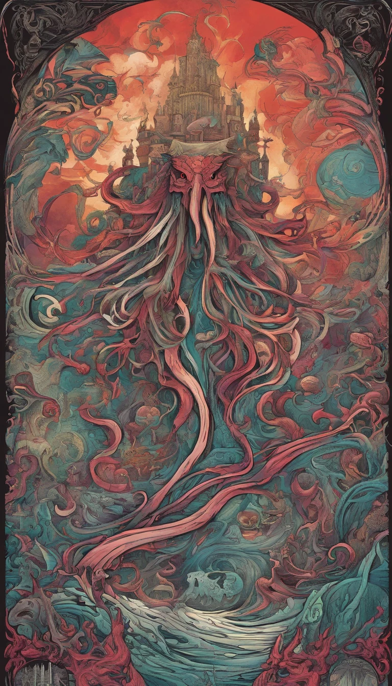 From the depths he emerges,
The Cthulhu's Parade in crimson hues.
Whispers of the otherworldly echo,
A festival where madness and beauty fuse.

In the night sky adorned with abyssal splendor,
Feathers stained with blood dance and soar.
Entwined by threads of fate,
The deranged revel in ecstasy's roar.

Oh mighty Cthulhu, ruler of the depths,
In our pursuit of desires so forlorn,
We embark on a path of madness and despair,
Guided by the disciples of the one we adorn.

On the grand boulevard, grotesque forms stride,
Where terror and beauty intertwine.
In the realm betwixt dreams and nightmares,
We surrender ourselves to euphoria's shrine.

Praise his name, the great Cthulhu,
Monarch of the abyss, the wellspring of our insanity.
In this eternal procession's stage,
We celebrate the coming of the world's calamity.