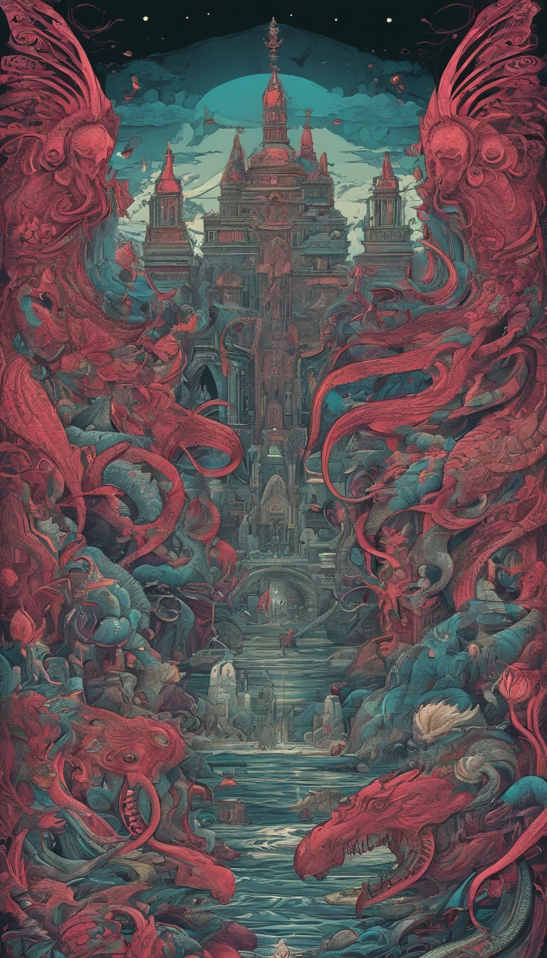 From the depths he emerges,
The Cthulhu's Parade in crimson hues.
Whispers of the otherworldly echo,
A festival where madness and beauty fuse.
In the night sky adorned with abyssal splendor,
Feathers stained with blood dance and soar.
Entwined by threads of fate,
The deranged revel in ecstasy's roar.
Oh mighty Cthulhu, ruler of the depths,
In our pursuit of desires so forlorn,
We embark on a path of madness and despair,
Guided by the disciples of the one we adorn.
On the grand boulevard, grotesque forms stride,
Where terror and beauty intertwine.
In the realm betwixt dreams and nightmares,
We surrender ourselves to euphoria's shrine.
Praise his name, the great Cthulhu,
Monarch of the abyss, the wellspring of our insanity.
In this eternal procession's stage,
We celebrate the coming of the world's calamity.