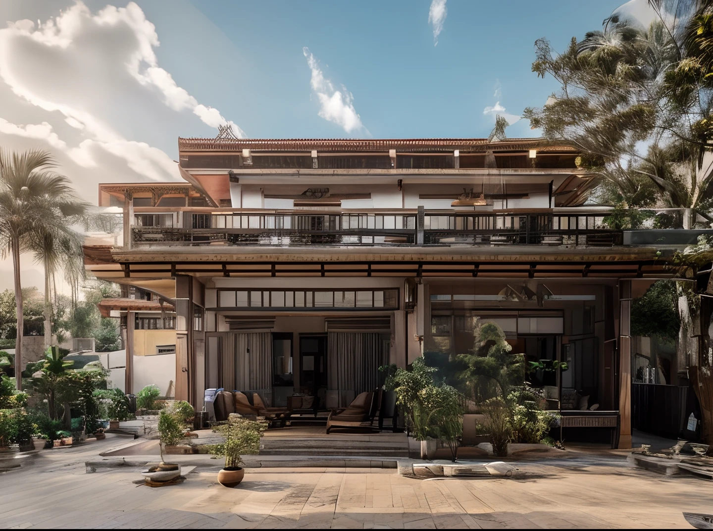 there is a building with a balcony and a balcony on the top of it, frontview, front view, front-view, outside view, front side view, centre image, photo taken in 2 0 2 0, exterior view, front side, patiphan sottiwilaiphong, wonderful masterpiece, view from front, colonial house in background, front facing view