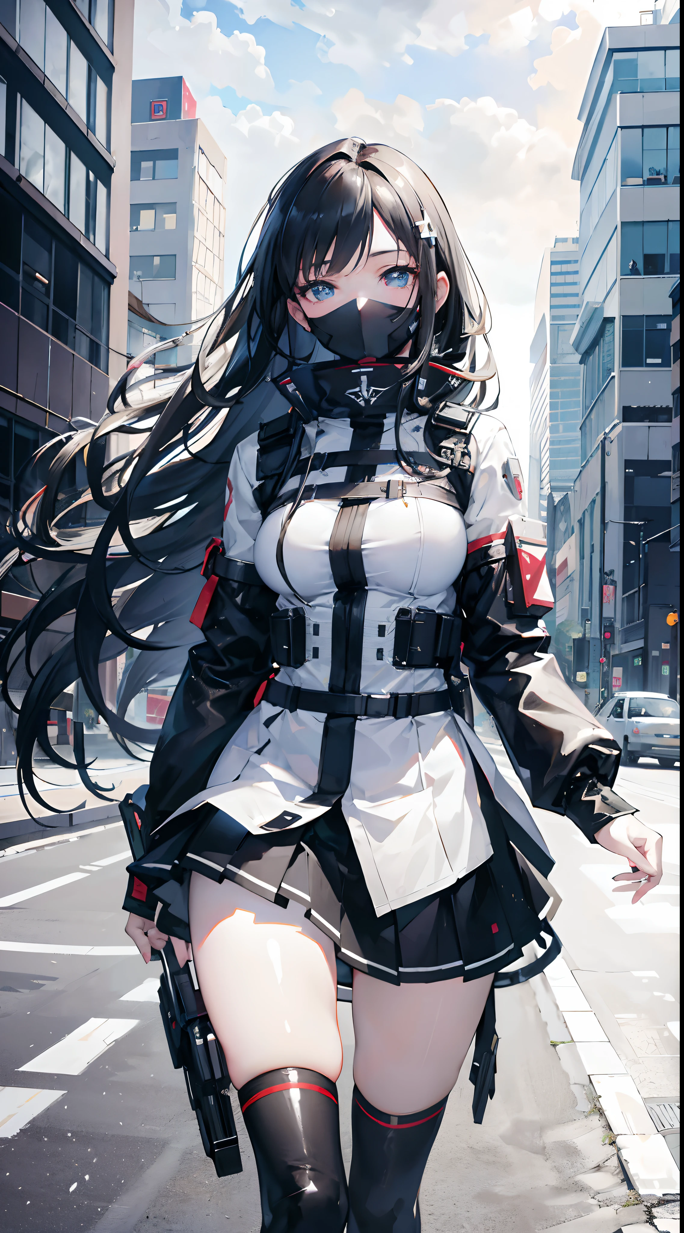 ((masterpiece, best_quality)), 1girl, (photorealistic:1.4), solo, white_background, black_hair, long_hair, city, futuristic theme, zettai_ryouiki, skirt, ((half_body)),