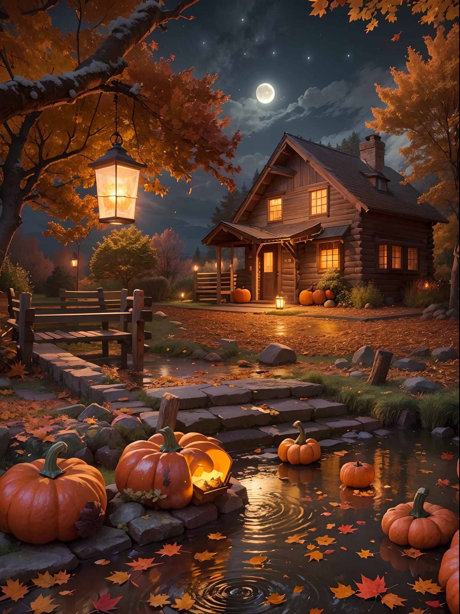 Autumn Scenery, pumpkins night view, full moon, small cabin, falling leaves, Autumn weather, small water fountain, realistic, lantern, fireflames