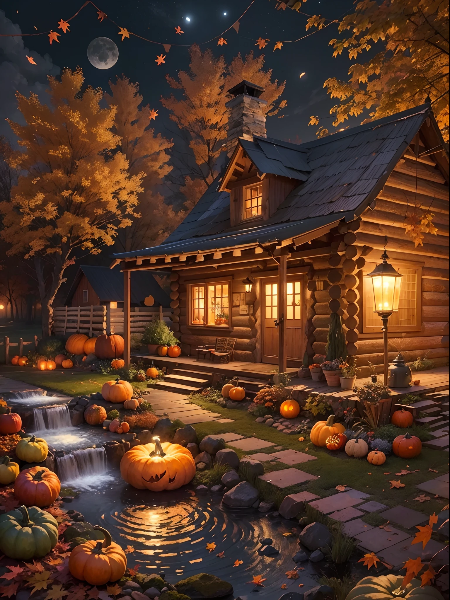 Autumn Scenery, pumpkins night view, full moon, small cabin, falling leaves, Autumn weather, small water fountain, realistic, lantern, fireflames