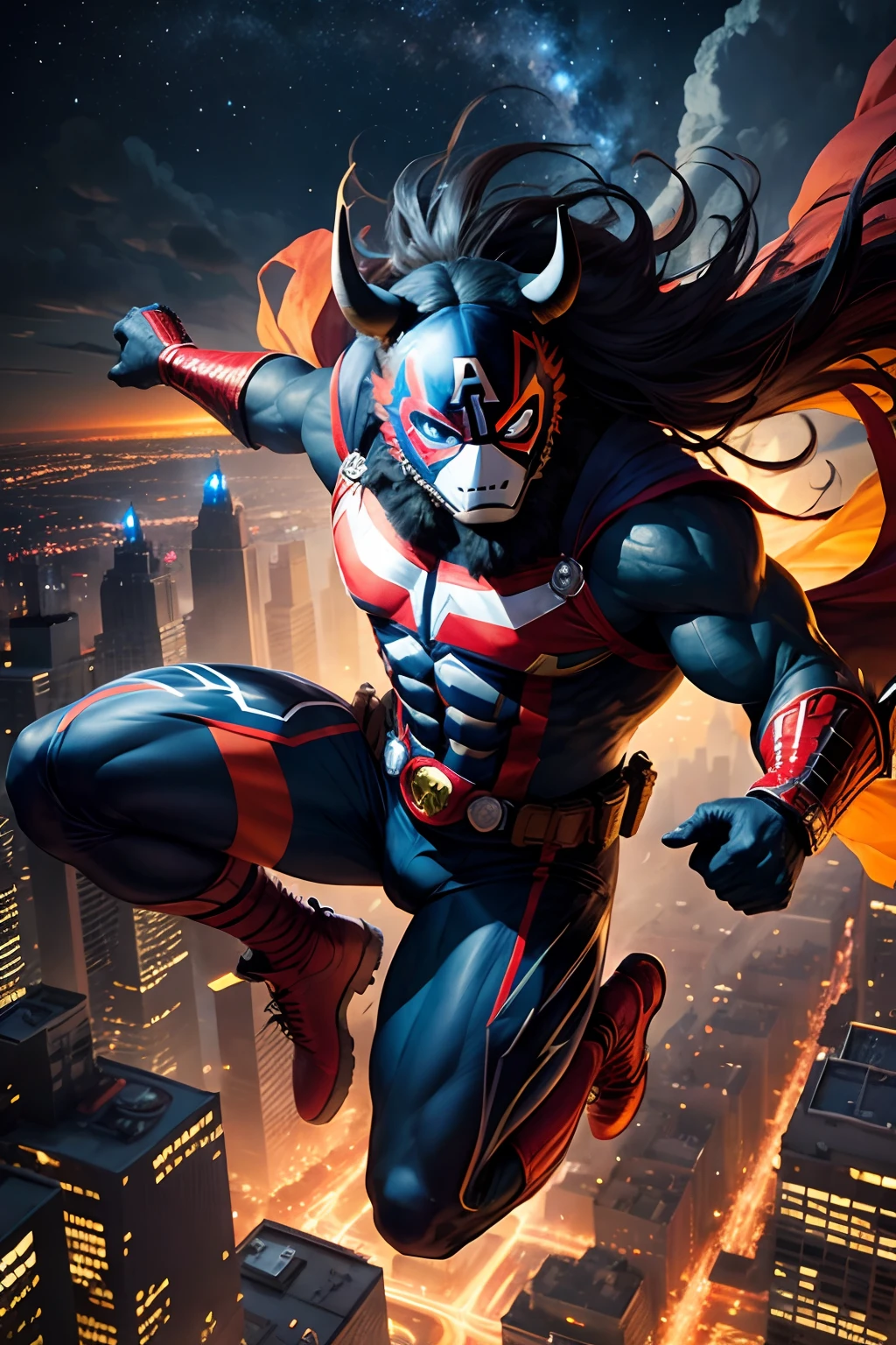 buffalo mask, marvel style, full body, flying power, night sky, city below, masterpiece, ultra high detail, ultra high quality
