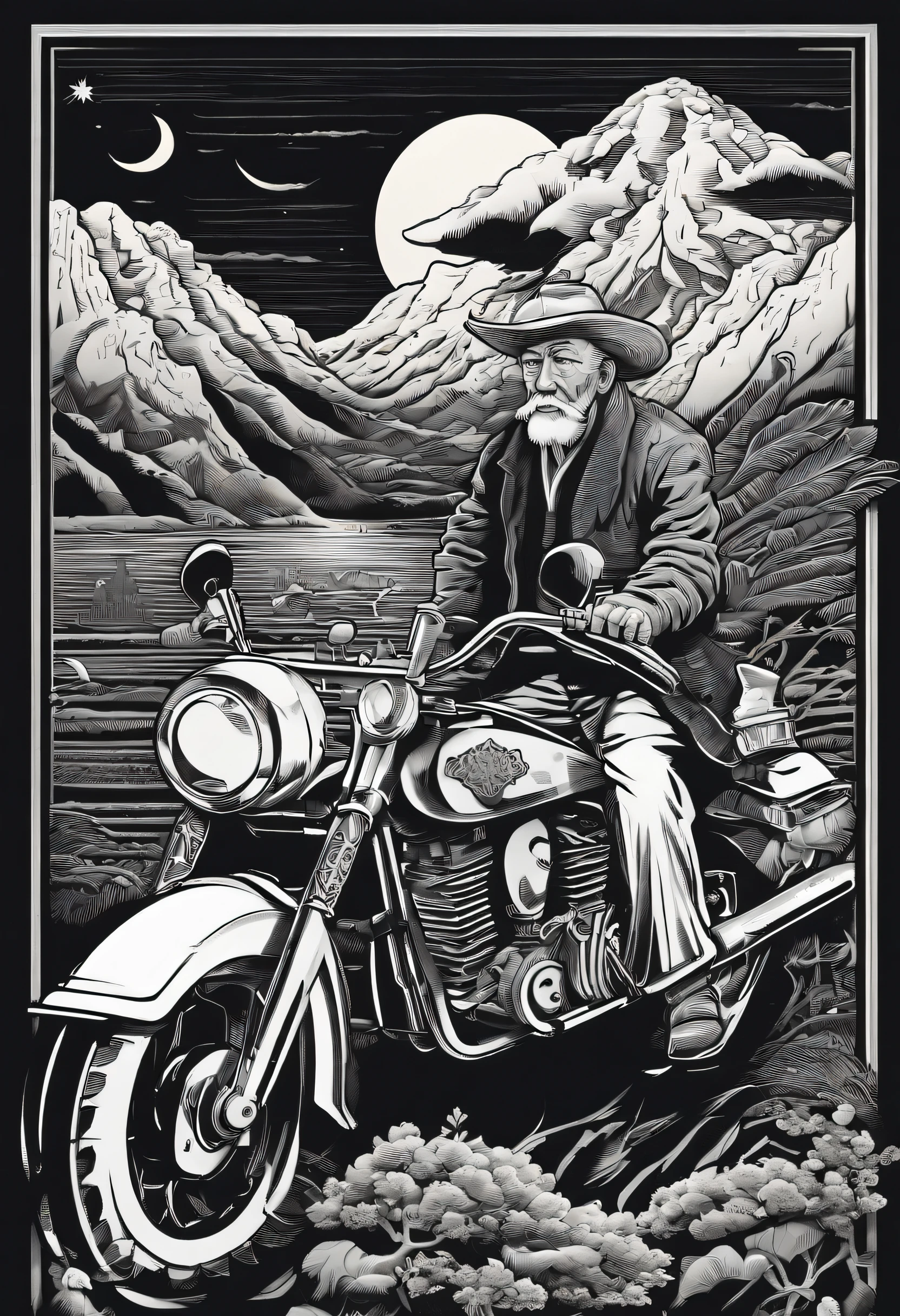 "(Old man on black motorcycle+rot+blanche), portlate、incredible details, Traditional background of Japan, Magnificent illustrations, Perfect picture quality"