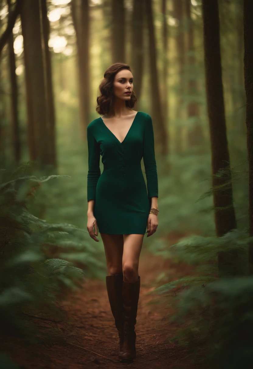 A tall girl with long legs in a forest