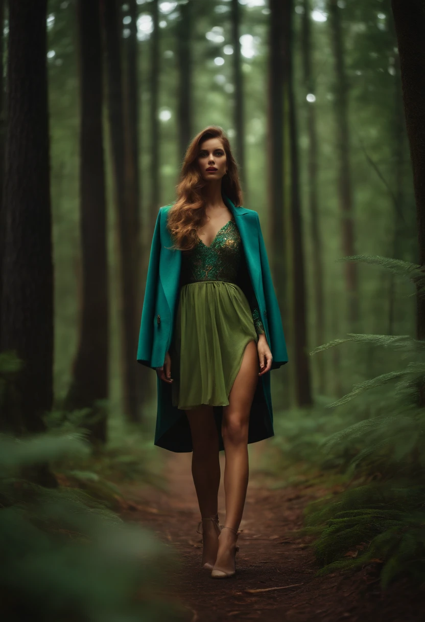 A tall girl with long legs in a forest